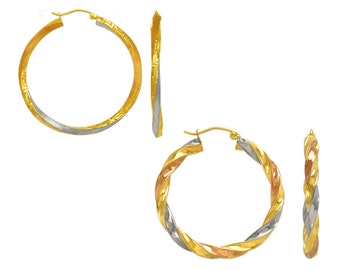 Twisted Hoop Earrings Real 14K Tricolor Gold, Dainty 14K Gold Hoops, Large Medium Hoop Earrings For Women