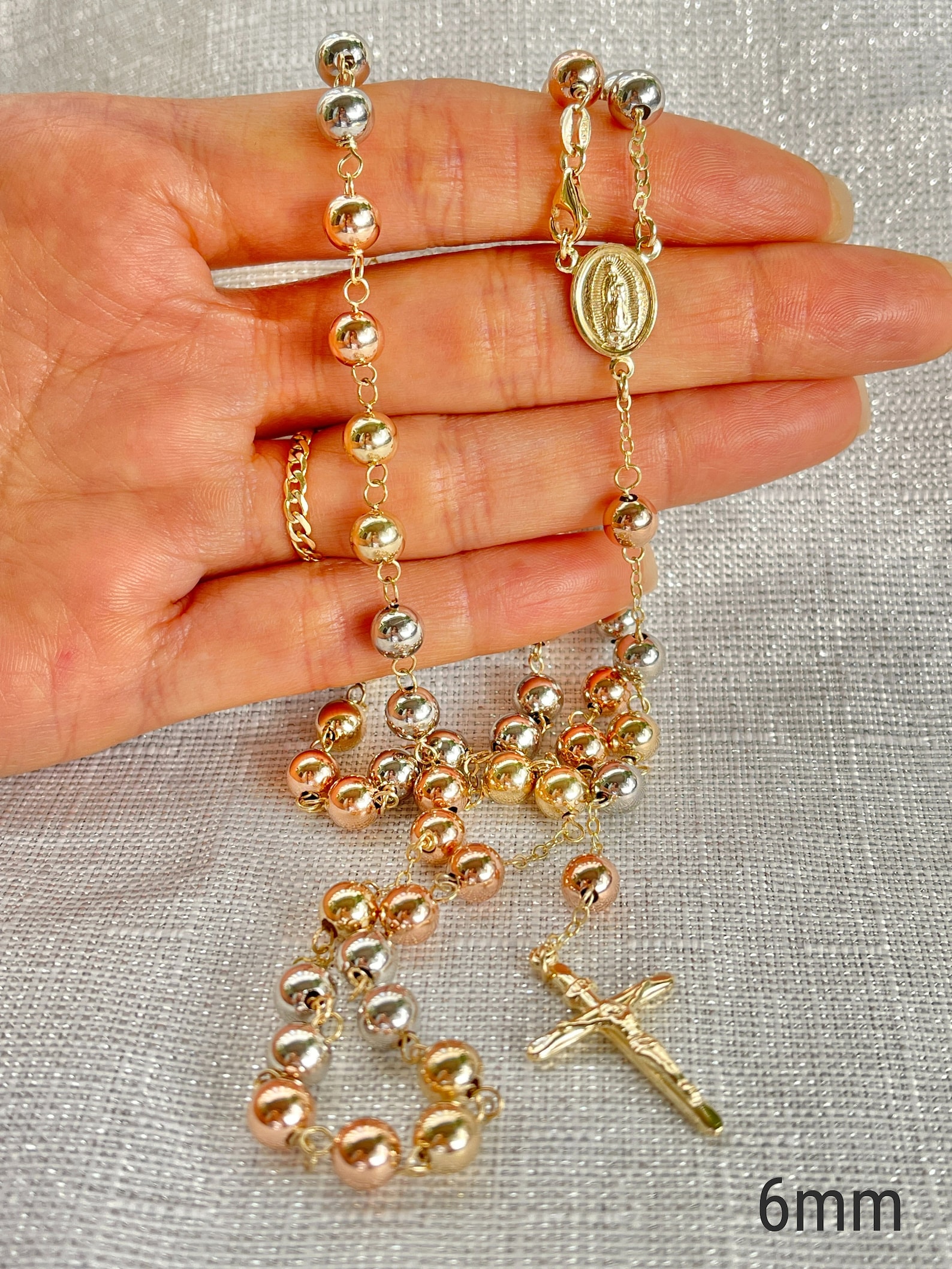 Rosary Beads Necklace 14K Solid Gold Virgin Mary Medal Jesus Etsy