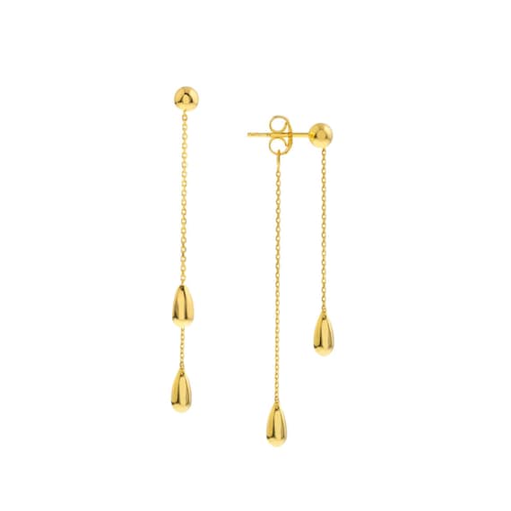 14K Solid Gold Teardrop Dangle Earrings, Ball Stud Long Chain Drop Front Back Earrings