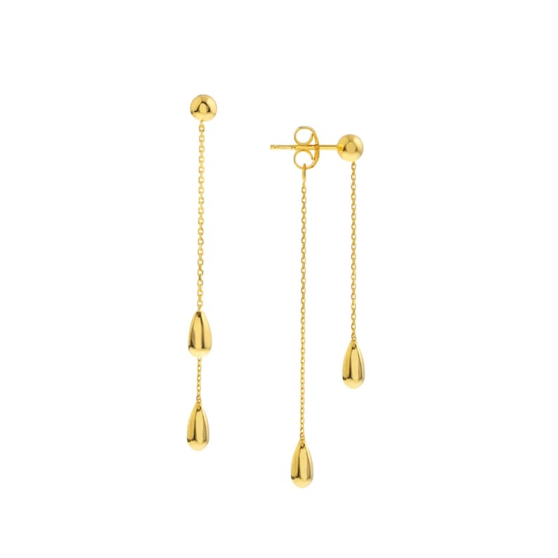 Teardrop Dangle Earrings 14K Solid Yellow Gold Ball Studs Long Cable Chain Drop Earrings For Women Front Back Dainty Chain Stud Earrings, Gift For Her, Gift For Wife, Gift For Sister, Birthday Gift, Anniversary Gift.