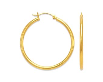 Real 14K Yellow Gold Large Hoop Earrings, Women Round Tube Hoops, Minimalist Earrings, Birthday Gift