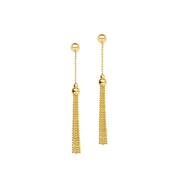 14K Solid Gold Chain Tassel Earrings, Minimalist Dangle Drop Ball Stud Earrings
