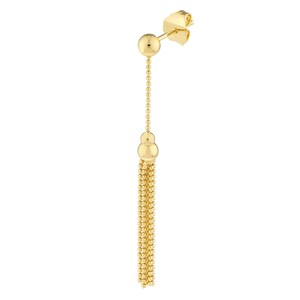 May include: A 14K yellow gold tassel earring with a small ball at the top and a larger ball at the bottom of the tassel.