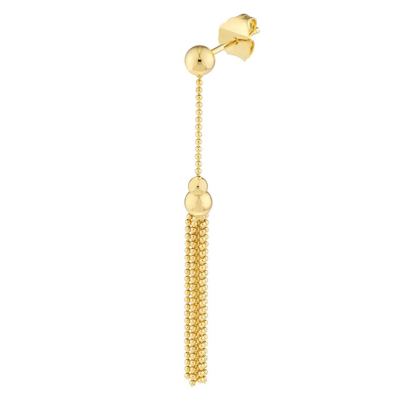 May include: A 14K yellow gold tassel earring with a small ball at the top and a larger ball at the bottom of the tassel.