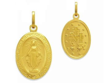 14K Solid Yellow Gold Italy La Milagrosa Medal, Miraculous Mary Necklace Pendant for Men Women Boys Girls