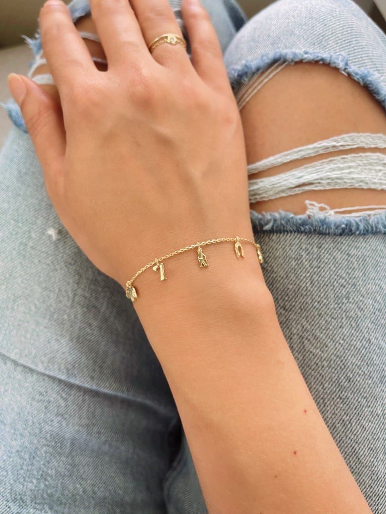 Real Gold Ankle Bracelet For Her, 14K Yellow Solid Gold Anklet For Women, Lucky Elephant, Evil Eye, Horseshoe, Four Leaf Clover Charm Bracelet, Gift For Her, Dainty Gold Anklet Gift For Mom, Minimalist, Multi Charm Anklet Lobster Clasp