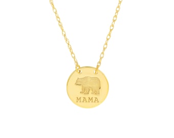 Mama Bear Necklace 14K Solid Gold Engraved Coin Necklace, Mama Disc Necklace Adjustable Twisted Rope Chain Minimalist Layering Necklace