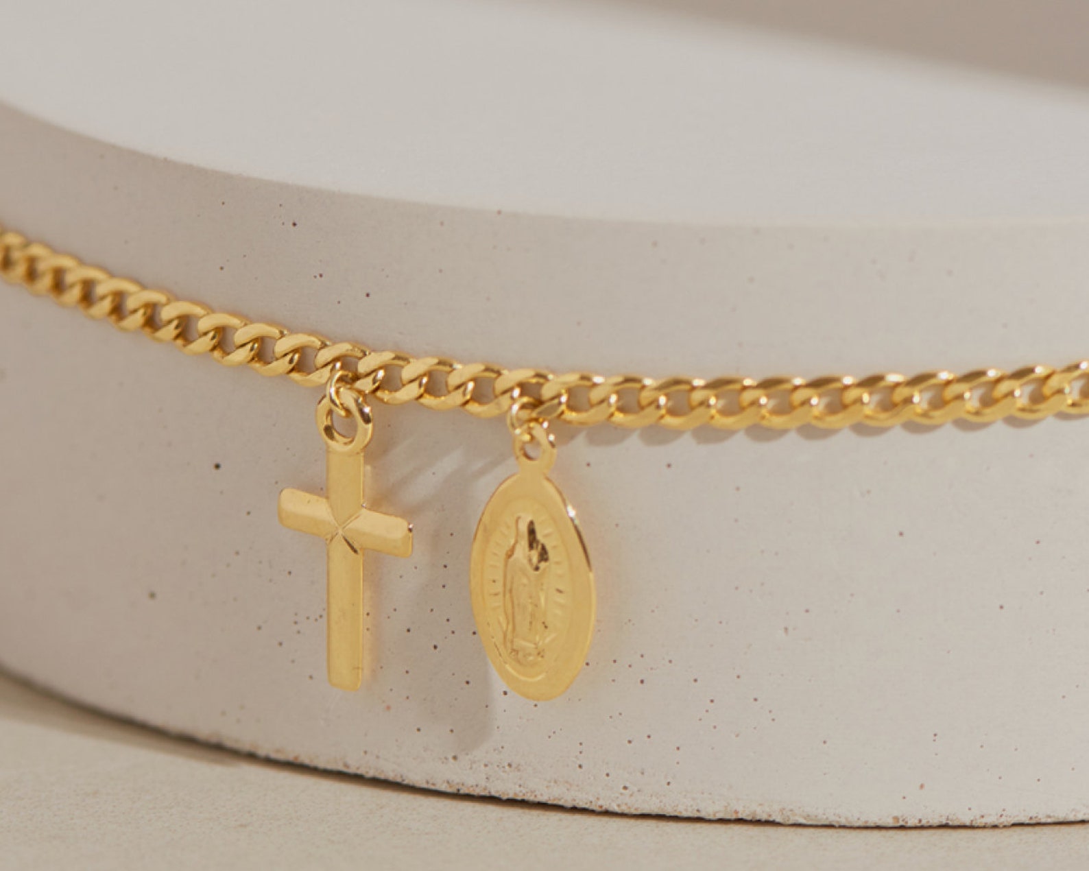 Anklet Bracelet 14K Solid Gold Virgin Mary Cross Charm Ankle Etsy