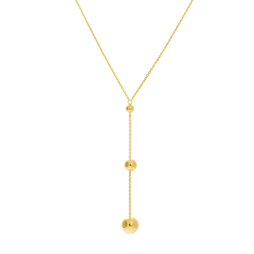 Triple Bead Lariat Necklace 14K Solid Gold Y Drop Necklace, Dainty 14K