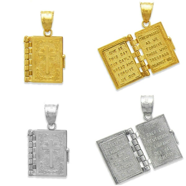 14K Solid Yellow White Gold Holy Bible Open Pages Locket Pendant Religious Chain Charm