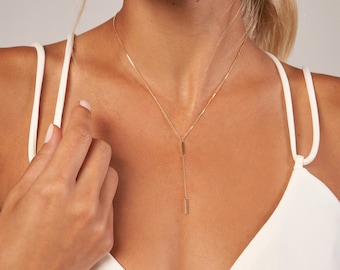 Bar Lariat Necklace 14K Solid Yellow White Gold Double Bar Necklace, Dainty Y Drop Necklace, Adjustable 14K Real Gold Chain Necklace Women