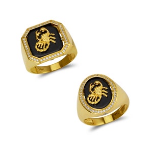 Scorpion Ring Men 14K Solid Yellow Gold Oval Black Onyx Ring, 14K Gold Square Signet Ring, Mens 14K Real Gold Ring