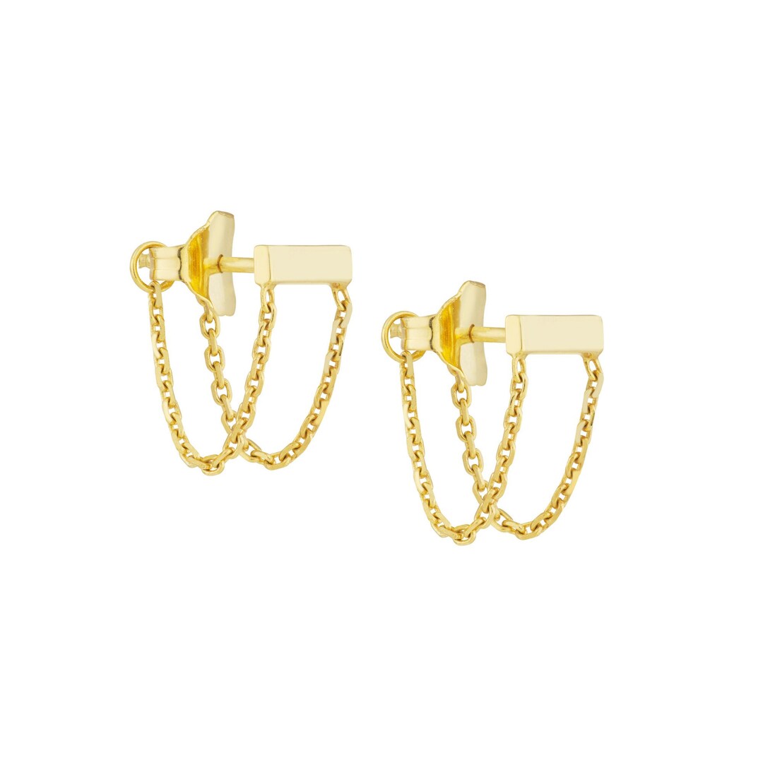 Chain Stud Earrings 14K Solid Gold Bar Chain Earrings Double Etsy