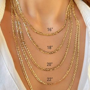 14k real yellow gold mariner link chain necklace. Sturdy 3.05mm yellow gold anchor link chain displayed in five sizes: 16 inch sits at the collarbone, 18 inch below the collarbone, 20 inch at upper chest, 22 inch at mid chest, and 24 inch longer layered style. Minimal 14k gold jewelry for men and women.