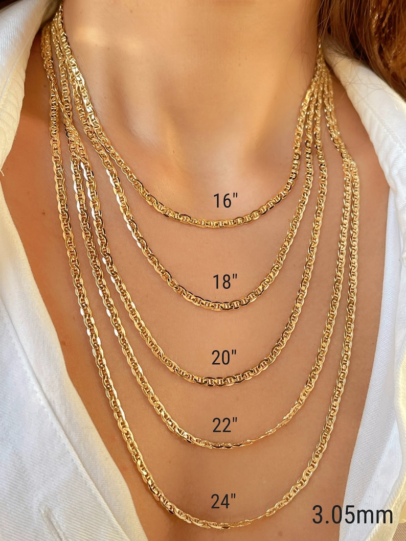 14k real yellow gold mariner link chain necklace. Sturdy 3.05mm yellow gold anchor link chain displayed in five sizes: 16 inch sits at the collarbone, 18 inch below the collarbone, 20 inch at upper chest, 22 inch at mid chest, and 24 inch longer layered style. Minimal 14k gold jewelry for men and women.
