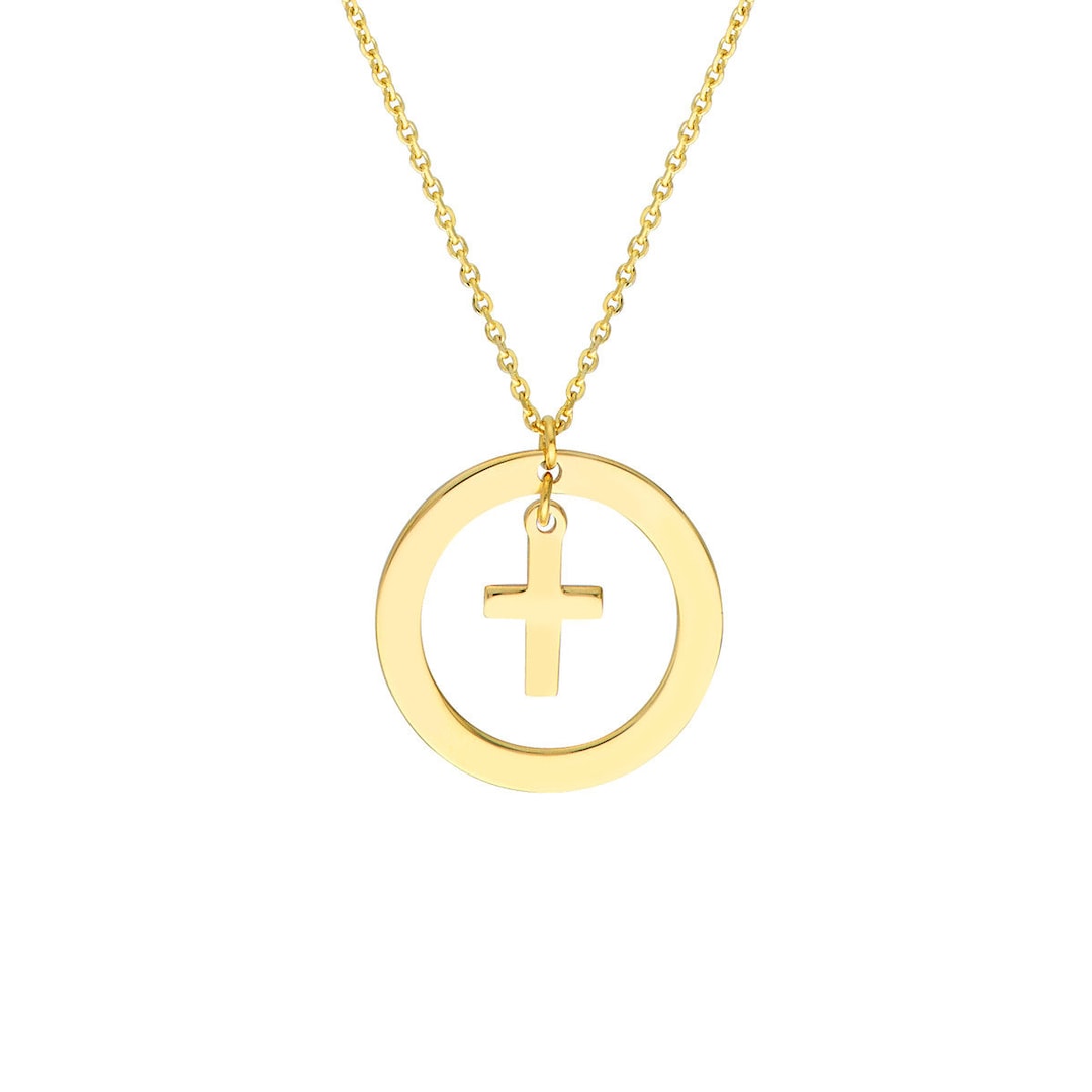 Circle Cross Necklace 14K Solid Gold Cross Pendant Necklace Etsy