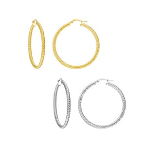 Twisted Hoop Earrings 14K Yellow White Real Gold Twist Rope Hoop Earrings For Women, Medium Large 3mm Thin 14K Gold Hoops, Gift For Her