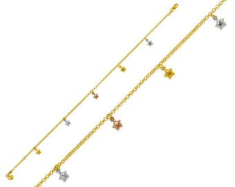 Star Anklet 14K Solid Tricolor Gold Celestial Charm Ankle Bracelet For Women, Dainty 14K Gold Rolo Chain Foot Bracelet