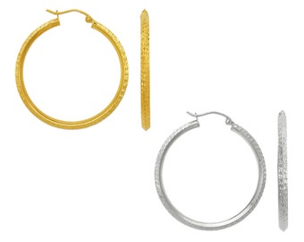 Real 14K Yellow White Gold Tube Hoops Women, Diamond Cut Earrings Hoops, Big Hoop Earrings, Minimalist Earrings 2.5mm, Gift For Her
