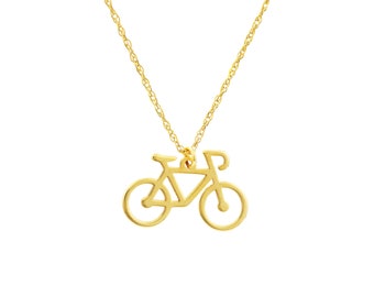 Bicycle Necklace 14K Solid Yellow Gold Bike Pendant Necklace Women Adjustable Twisted Rope Chain Sport Necklace