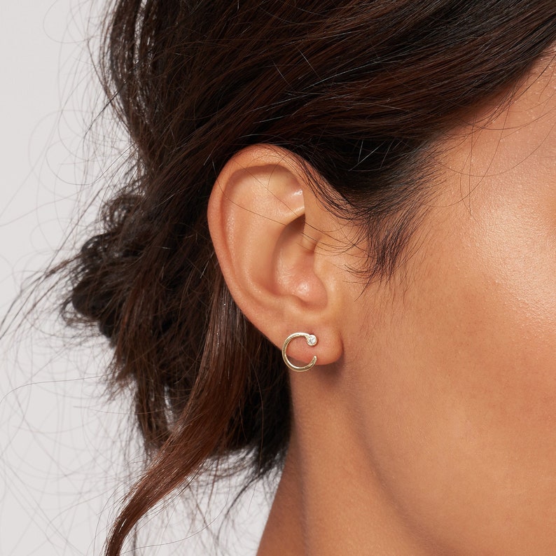 Diamond Open Circle Earrings Real 14K Solid Gold Minimalist Circle Stud Earrings For Women, Push Back Earrings, Dainty Post Earrings
