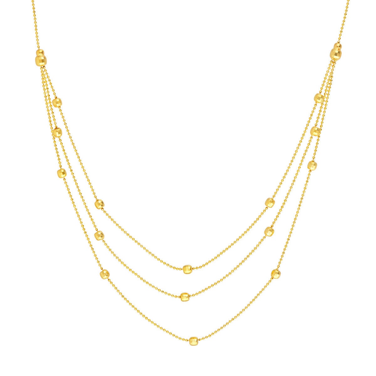 Ball Bead Chain Triple Strand Necklace 14K Solid Yellow Ball Bead Chain Triple Strand Necklace 14K Solid Yellow