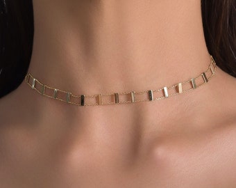 Bar Station Necklace Choker 14K Solid Gold Unique Choker Necklace, Dainty Multi Bar Necklace Women Adjustable Cable Chain Choker