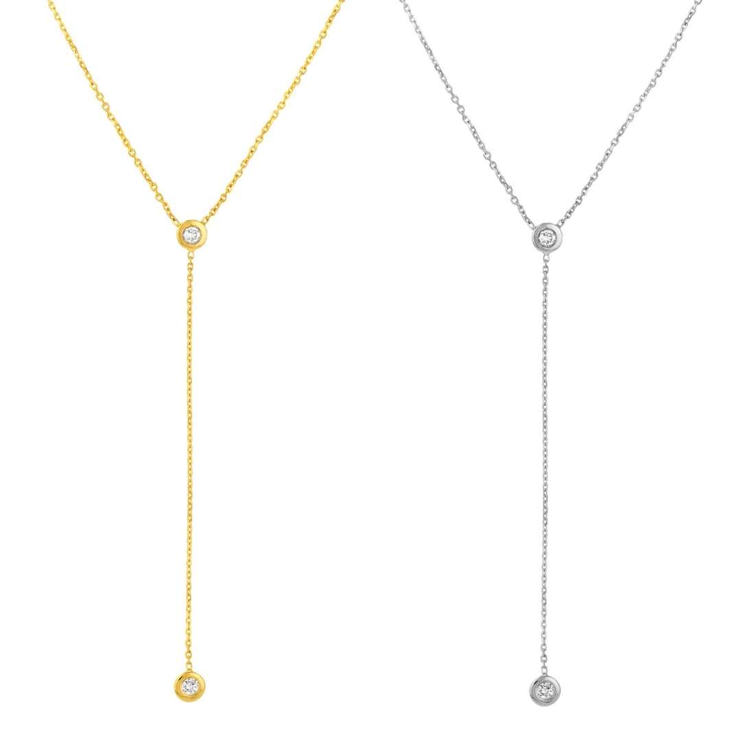 Diamond Lariat Necklace 14K Solid Gold Diamond Bezel Drop Necklace