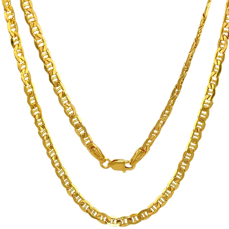 14K Yellow real gold flat mariner anchor link chain necklace with lobster clasp closure
