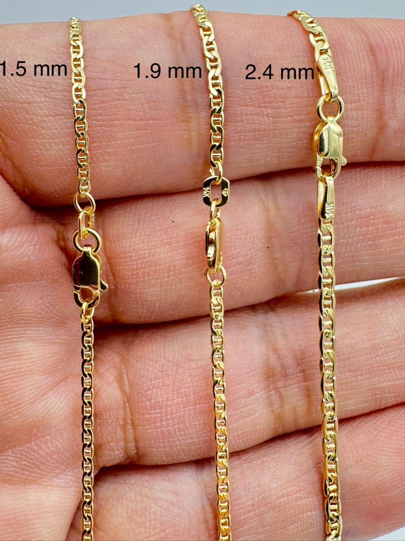 14K Real Yellow Gold Flat Mariner Chain Anchor Link Necklace widths 1.5mm 1.9mm 2.4mm with lobster clasp closure.