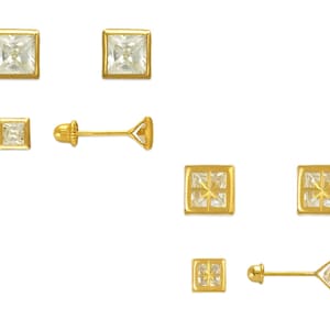 14K Solid Gold Stud Earrings, Women Girls CZ Square Bezel Set Stud Earrings 3mm,4mm,5mm,6mm, Screw Back Earrings, Geometric Earrings