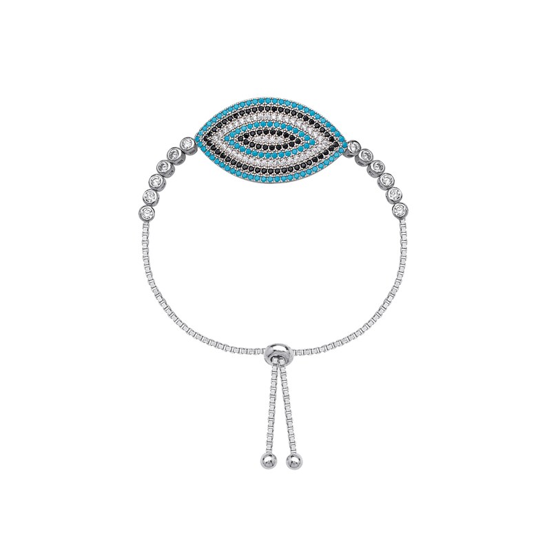 Adjustable Bolo Bracelet Good Luck Protection Bracelet For Women Evil Eye Bracelet 14K White Gold Plated Over 925 Sterling Silver