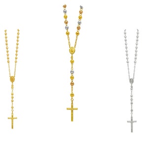 14K Solid Multi Tone Gold Men Women Rosario Rosary Beads Virgin Mary Necklace 2.5mm, 3mm, 4mm, 5mm, 6mm, 7mm Size 16&quot;-29&quot;