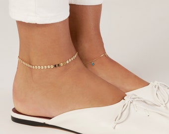 14K Solid Gold Anklet, Dainty Coin Anklet, 14K Yellow Real Gold Ankle Bracelet For Women, Adjustable Disc Chain Foot Bracelet