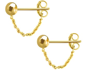 Chain Stud Earrings Real 14K Yellow Solid Gold Dainty 5mm Ball Studs Dangle Drop Chain Front Back Earrings For Women, Chain Loop Earrings