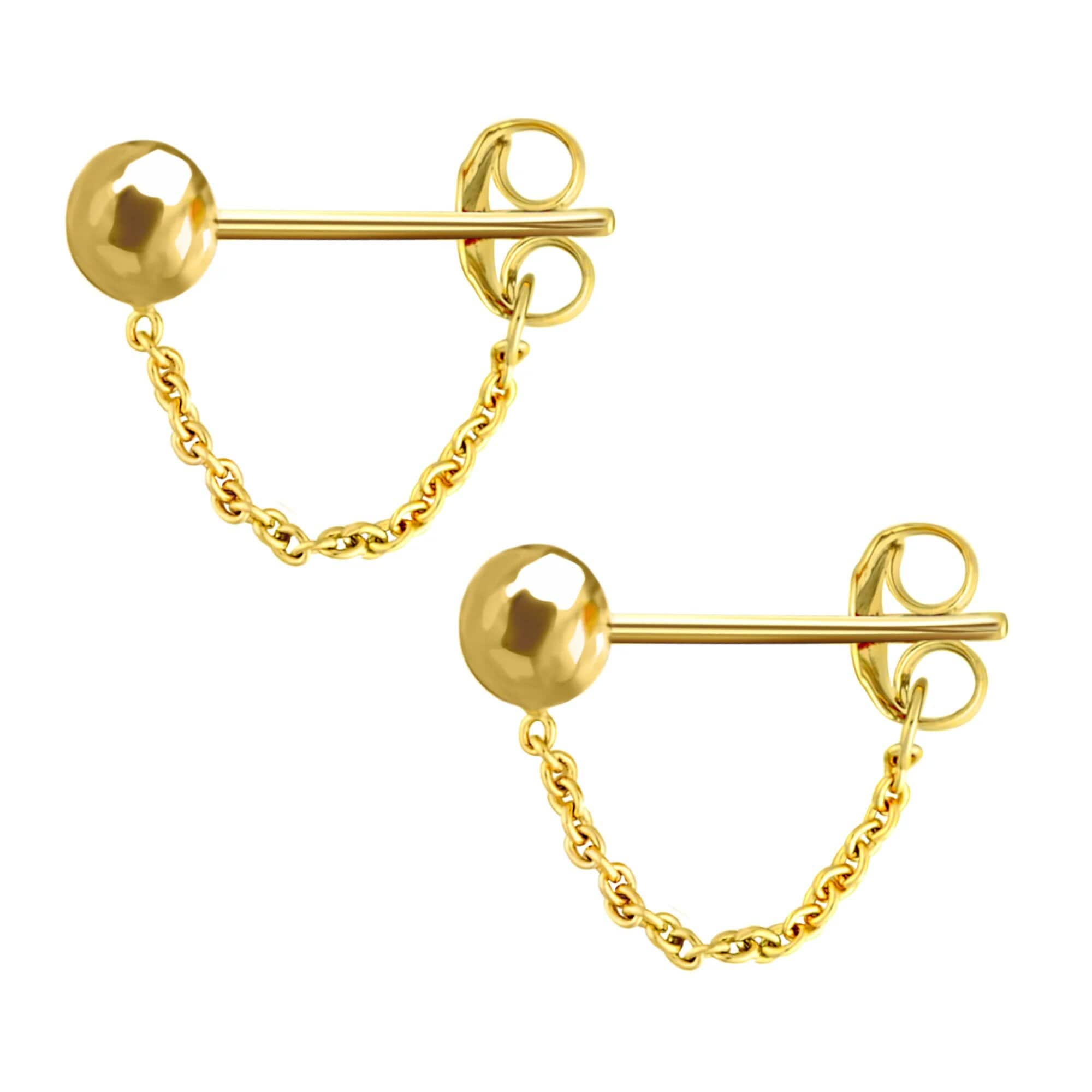 Chain Stud Earrings Real 14K Yellow Solid Gold Dainty 5mm Ball Studs Dangle Drop Chain Front Back Earrings For Women, Chain Loop Earrings