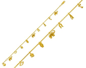 Enkelband 14K massief geel gouden enkelbandje voor vrouwen, gelukkige olifant, boze oog, hoefijzer, klavertje vier bedelarmband, cadeau voor haar