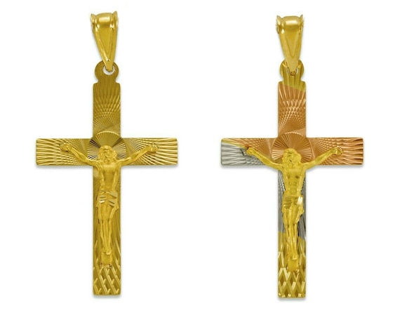 14K Rose /& Yellow Gold Tricolor Religious Cross Charm Pendant Necklace