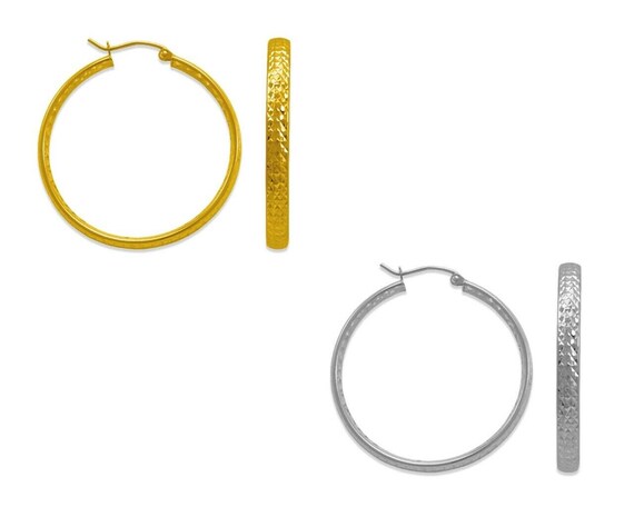 Echte 14K Gelbgold Ohrringe – 3mm X 70mm Große Rundringe (Hoops) – Diamantgeschliffen Aus Italien – Neu Mit Etikett
