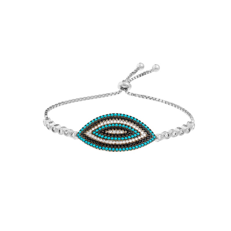 Adjustable Bolo Bracelet Good Luck Protection Bracelet For Women Evil Eye Bracelet 14K White Gold Plated Over 925 Sterling Silver