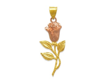 14K Solid Two Tone Gold Flower Pendant, Rose Necklace Charm, Gift For Her