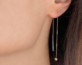 Beaded Threader Earrings 14K Solid Gold Long Box Chain Earrings, Women Minimalist Ear Threader, Ball Drop Earrings