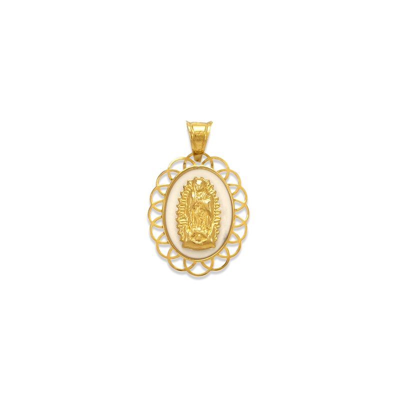 Virgin Mary Pendant 14K Solid Yellow Gold White Black Enamel Miraculous ...