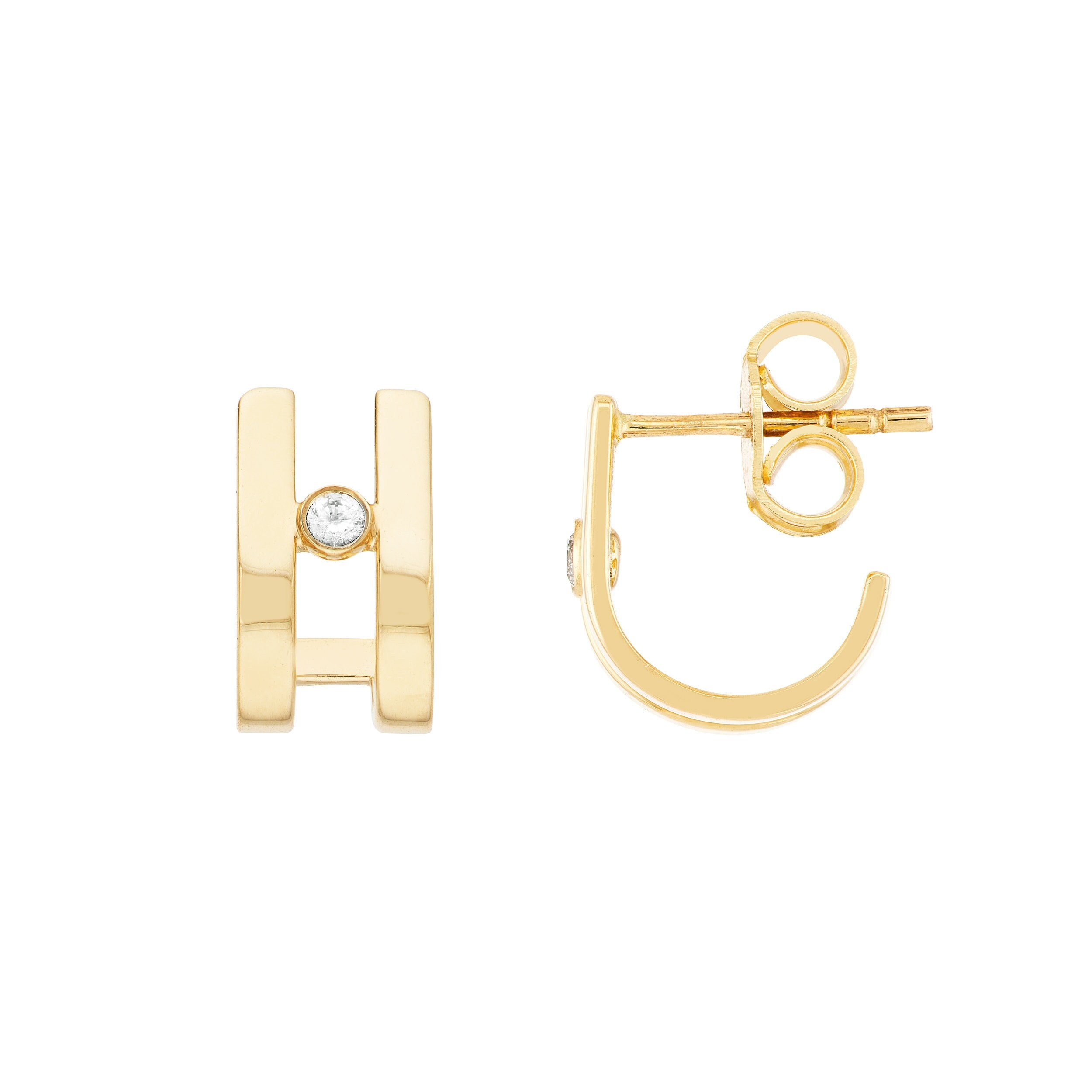 Diamond Huggie Earrings Real 14K Solid Gold Open Hoop Huggie Earrings For  Women, Dainty J Hoop Earrings, Gift For Her