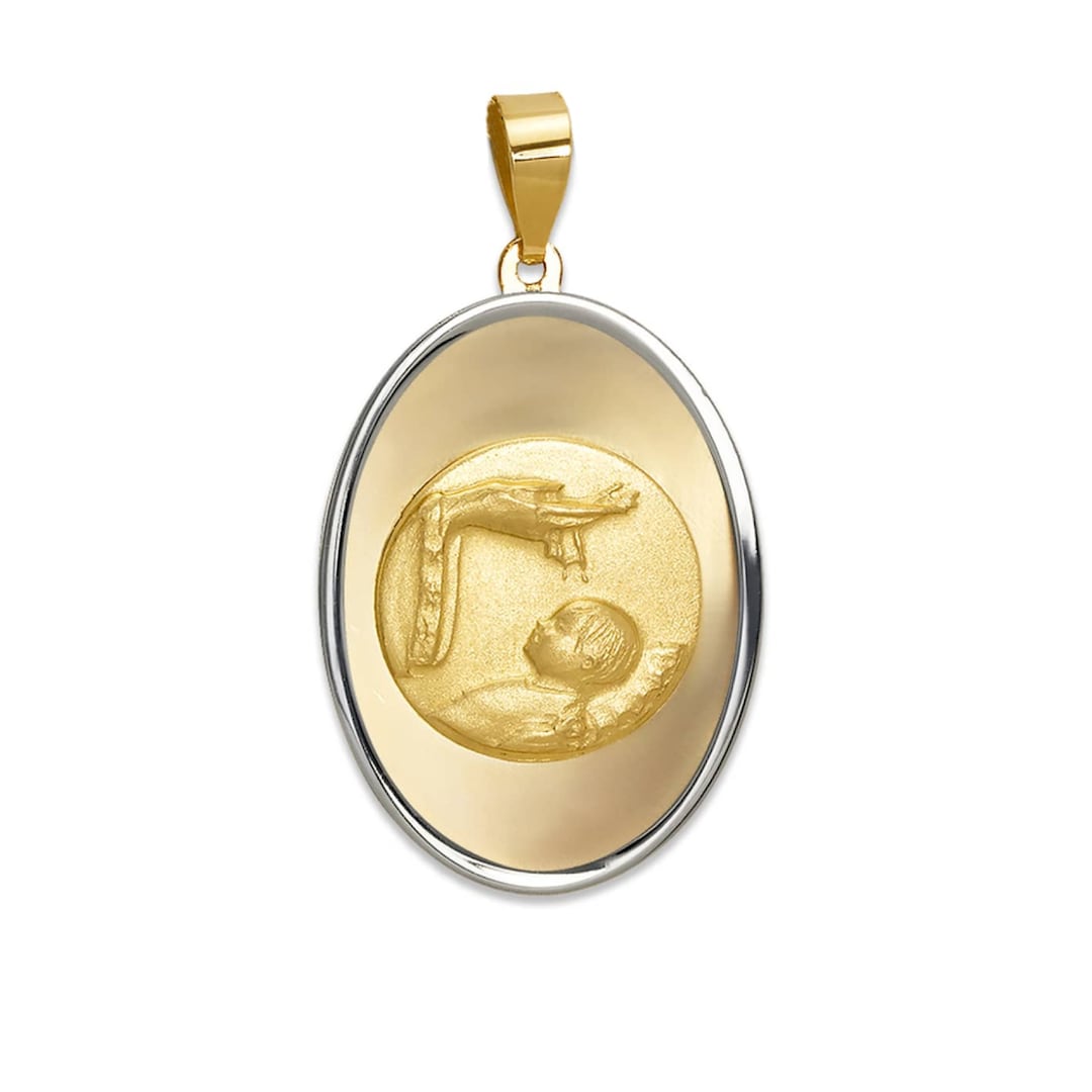 14K Solid Gold Baptism Christening Medal Pendant, Two Tone Oval ...