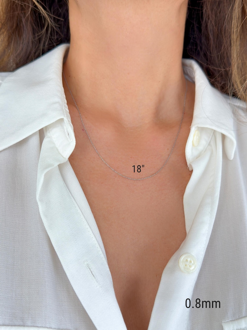 14k white solid gold twisted rope chain of different length, 18 inches. The chains are all the same width, 0.8mm.