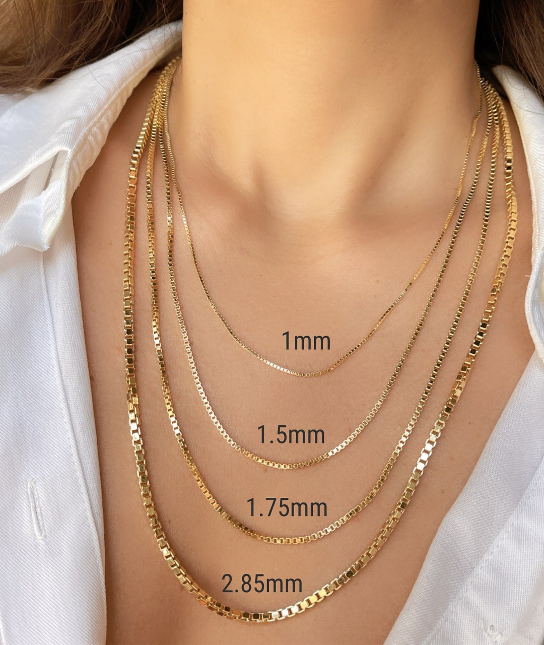 1mm-2.85mm Box Chain Necklace 10K 14K Real Gold Diamond Cut Chain, Dainty  10K 14K Yellow Real Gold Box Link Chain for Men Women 