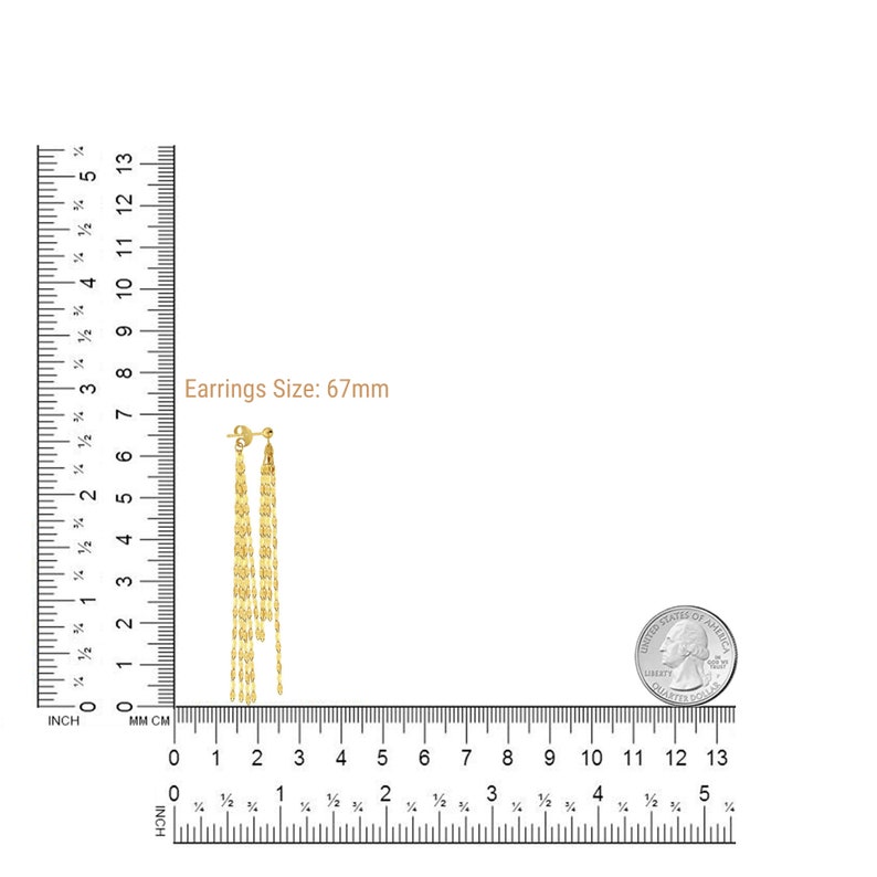 May include: A pair of 14K solid gold dangle earrings with a chain design. The earrings are 67mm long and are shown next to a ruler and a US quarter for size reference.