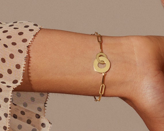 14K Solid Gold Interlocking Circles Bracelet | 14K Real Gold Double Circle  Bracelet for Women | Dainty Intertwined Circles Bracelet | 14K Gold Jewelry