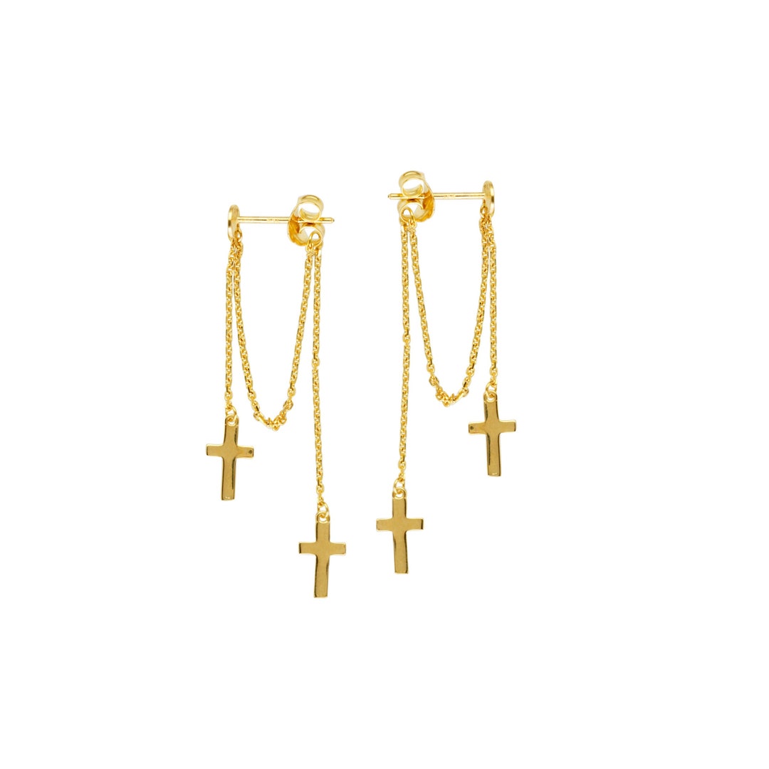 Double Cross Chain Earrings 14K Solid Yellow Gold Women Front to Back